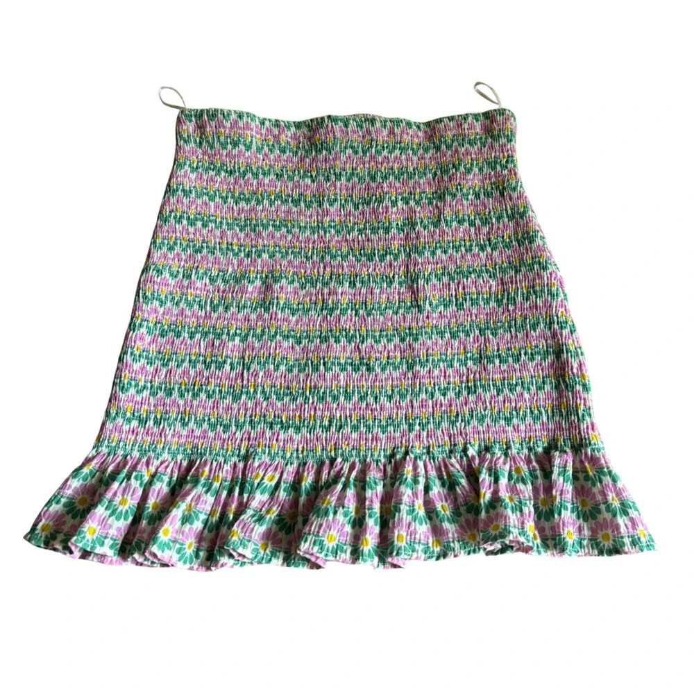 Zara Floral Smocked Mini Skirt Pink Green Ruffle Hem Small NWT